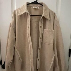 Beige Frayed-Trim Button Front Shacket
